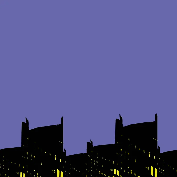 Günbatımı Şehir Manzarası Mor Gökyüzündeki Binalar Vektör Illüstrasyonu — Stok Vektör