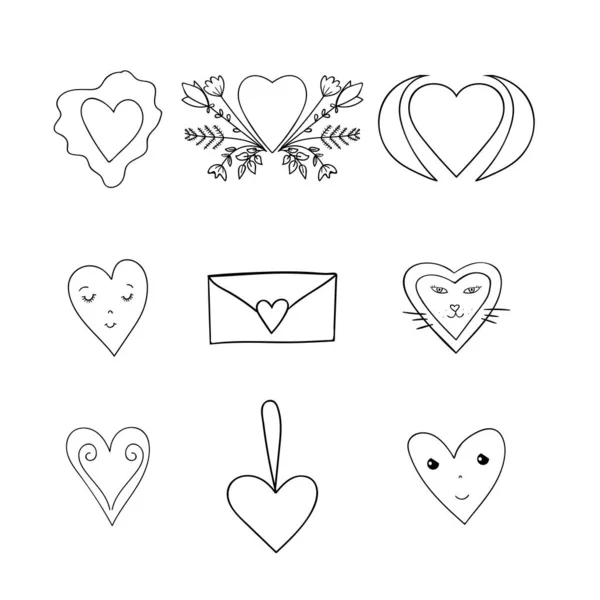 Collection Coeurs Contour Doodle Set Pour Saint Valentin Conception Mariage — Image vectorielle