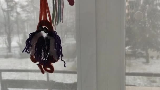 Closeup Footage Handmade Decorations Hanging Window Snow Falling Window — Stockvideo