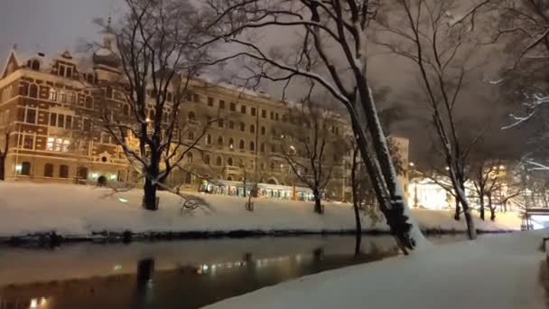 Night Footage Winter City Landscape Latvia — ストック動画