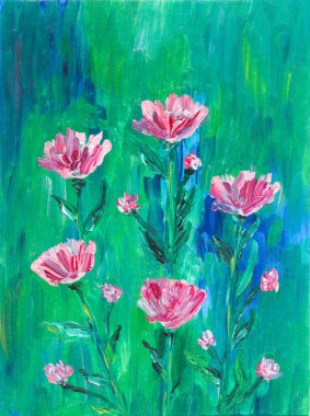 Elle boyanmış çiçekler. Sanatsal resim. Tuval üzerine yağ.