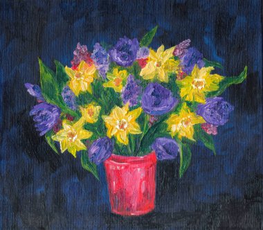 Elle boyanmış çiçekler. Sanatsal resim. Tuval üzerine yağ.