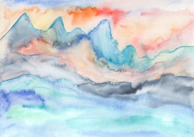 Manzaralı. Dağlarla çevrili bir manzara. Sanatsal suluboya resim.