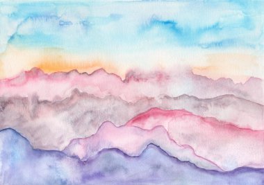 Manzaralı. Dağlarla çevrili bir manzara. Sanatsal suluboya resim.