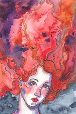 Güzel genç bir kadının suluboya portresi. Elle boyanmış resim.