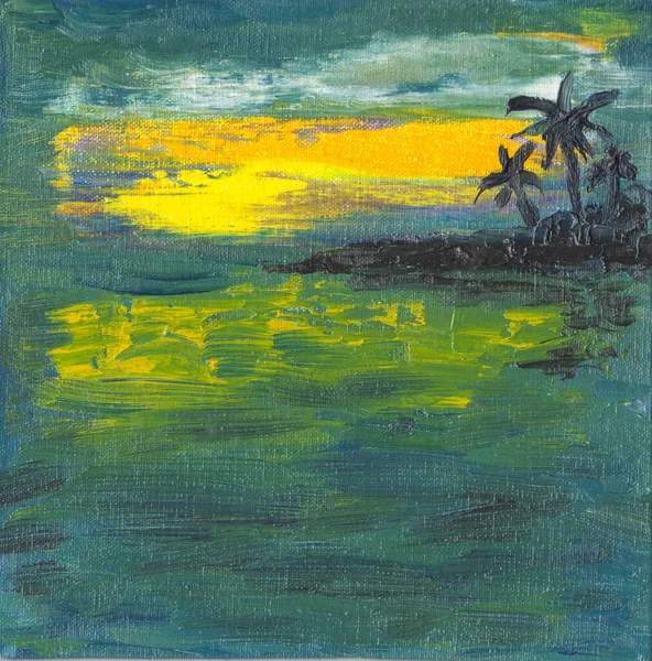 Oil Painting Summer Tropical Landscape Palms Small Island Sunset Sky — стоковое фото
