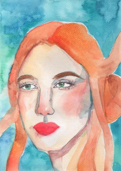 Aquarell Porträt Einer Schönen Jungen Frau Handgemalte Illustration — Stockfoto