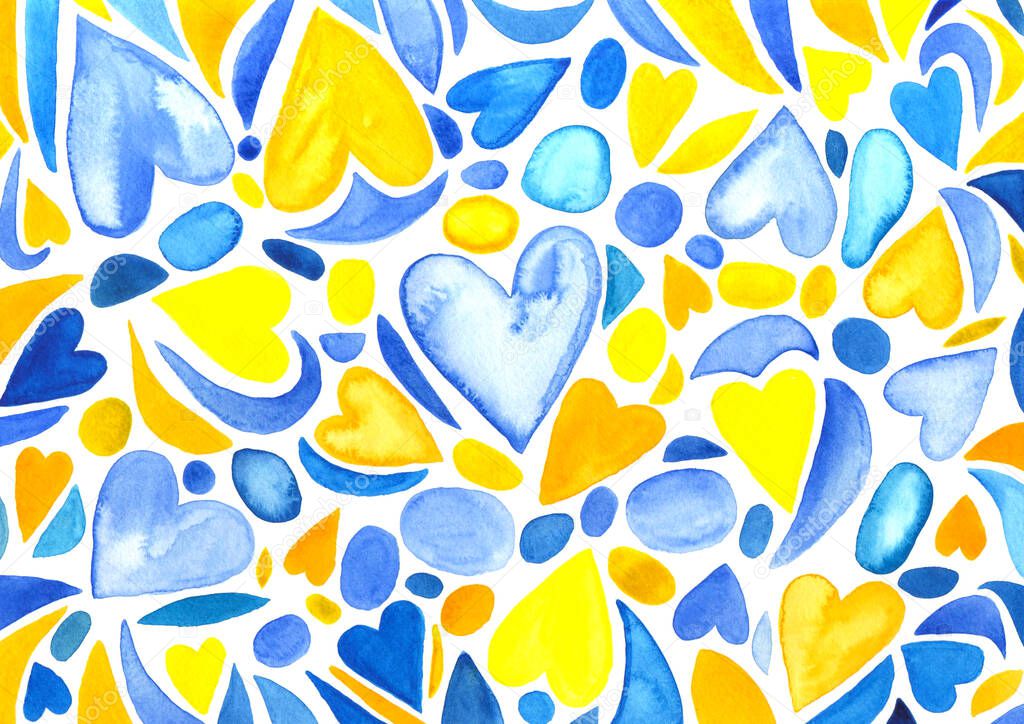 Abstarct doodle colorful pattern with blue and yellow hearts. Watercolor painting.