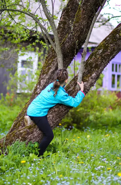 Menina Feliz Abraça Árvore Jardim Primavera — Fotografia de Stock