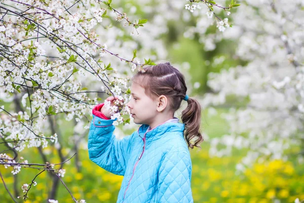 春の庭で幸せな女の子 子供は桜を楽しむ — ストック写真