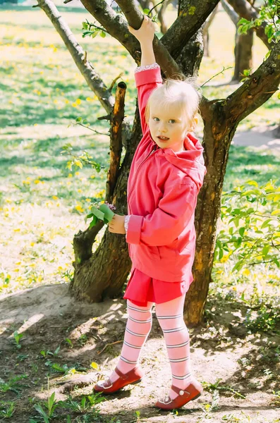 小さなブロンドの女の子は春の公園を歩く — ストック写真
