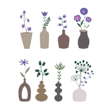 Vazolardaki farklı çiçek ve bitkilerden oluşan bir set. Vektör çiçek tasarımı ögesi. 