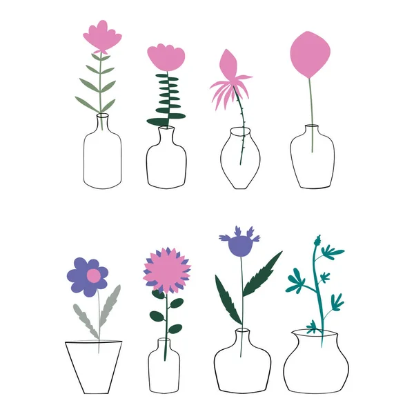 Állítsa Különböző Virágok Növények Vázákban Vektor Virágos Tervezési Eleme — Stock Vector