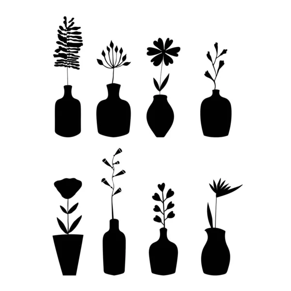 Vector Set Different Plants Flowers Floral Compositions Vases Bottles — стоковый вектор