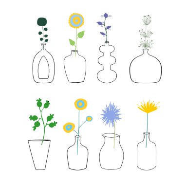 Vazodaki bitkilerdeki farklı çiçeklerden oluşan bir set. Vektör çiçek tasarımı ögesi. 