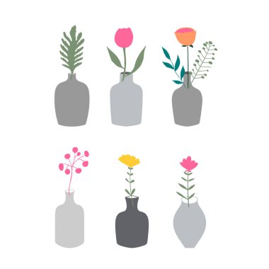 Set of the different flowers in plants in vases. Vector floral design element. 