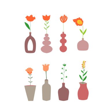 Vazodaki bitkilerdeki farklı çiçeklerden oluşan bir set. Vektör çiçek tasarımı ögesi. 