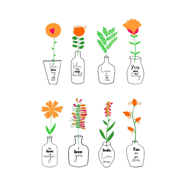 Different Plants Flowers Vases Vector Set Floral Design Inspirational Quotes — Archivo Imágenes Vectoriales