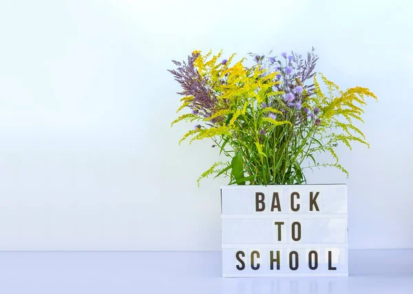 Вернемся Школьному Образованию Слова Белом Лайтбоксе Букет Цветов — стоковое фото
