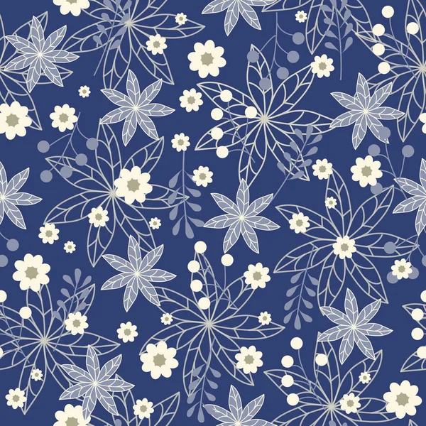无缝隙的民俗花花纹 冬季花纹的轮廓 白色花朵在蓝色的背景上 矢量说明 — 图库矢量图片