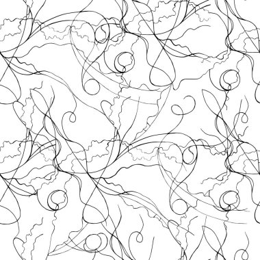 Siyah-beyaz, siyah buklelerin ve çizgilerin dikişsiz deseni. Vektör doğrusal mürekkep çizimi illüstrasyonu.