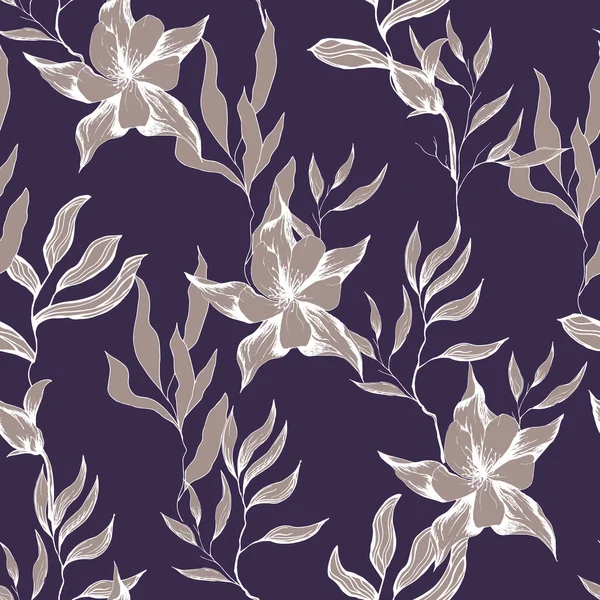 Vintage Seamless Print Flowers Leaves Purple Background Vector Illustration Hand — Stock Vector