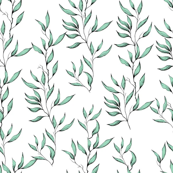 Hand Drawn Green Leaves White Background Light Vintage Seamless Print Stock Vector