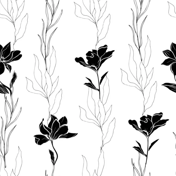 Черные Цветы Белом Фоне Траур Плавно Черно Белый Узор — стоковый вектор