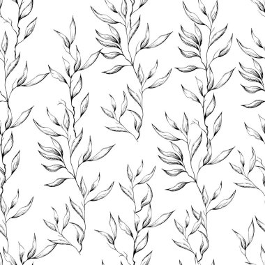 Beyaz arka planda elle çizilmiş mürekkep yaprakları, pürüzsüz siyah ve beyaz dal deseni.