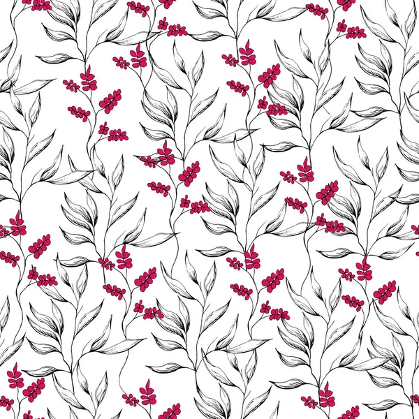 Patrón Sin Costura Floral Tinta Con Bayas Rojas Boceto Dibujado — Archivo Imágenes Vectoriales