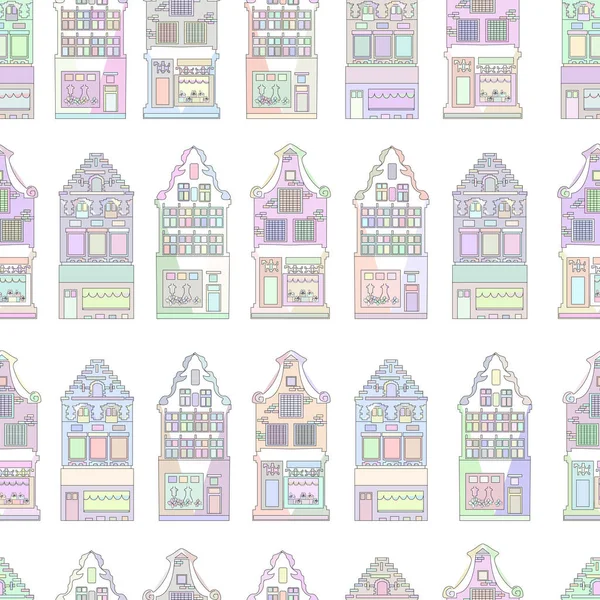 Multicolored houses on a white background seamless pattern. Gingerbread Belgian houses in pastel colors.