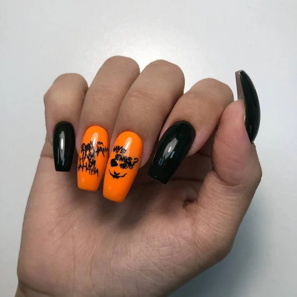 Modna Jesień Halloween Pomarańczowy Paznokci Design Halloween Manicure — Zdjęcie stockowe