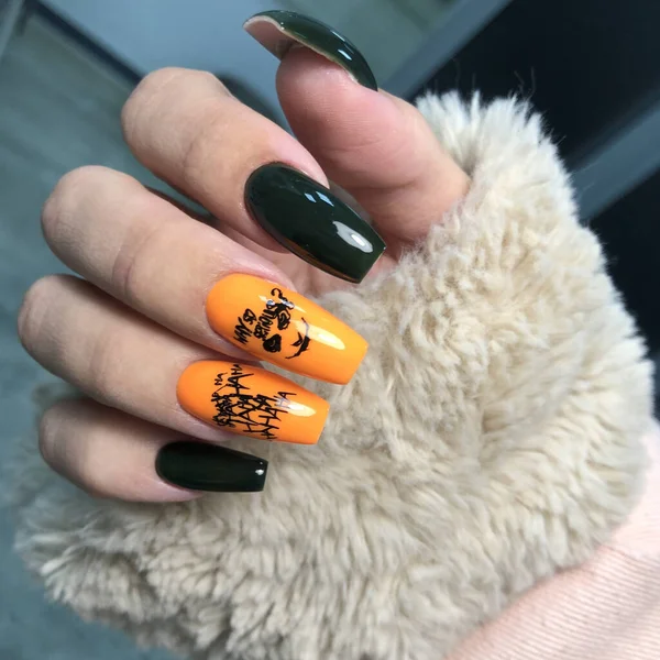 Trendy Autunno Halloween Arancione Nail Design Halloween Manicure Manicure Concetto — Foto Stock