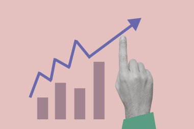 Art collage with male hand and graphs. Concept of business, finance, economy, professionalism and success. Symbolism and surrealism. Copy space.