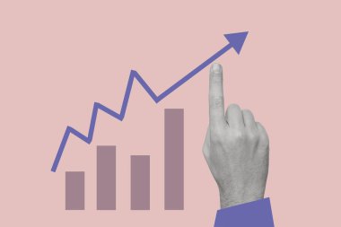 Art collage with male hand and graphs. Concept of business, finance, economy, professionalism and success. Symbolism and surrealism. Copy space.