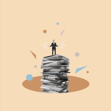 Evrakların arasında duran bir adamın kompozisyonu. Modern sanat kolajı. Şirket büyümesi ve başarı stratejisi. İş konsepti. Boşluğu kopyala.
