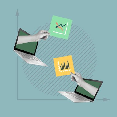 Grafikleri ve diyagramları olan dizüstü bilgisayarlardan oluşan çağdaş sanat kolajı. İş, finans, ekonomi, profesyonellik ve başarı kavramı. Sembolizm ve sürrealizm. Boşluğu kopyala.