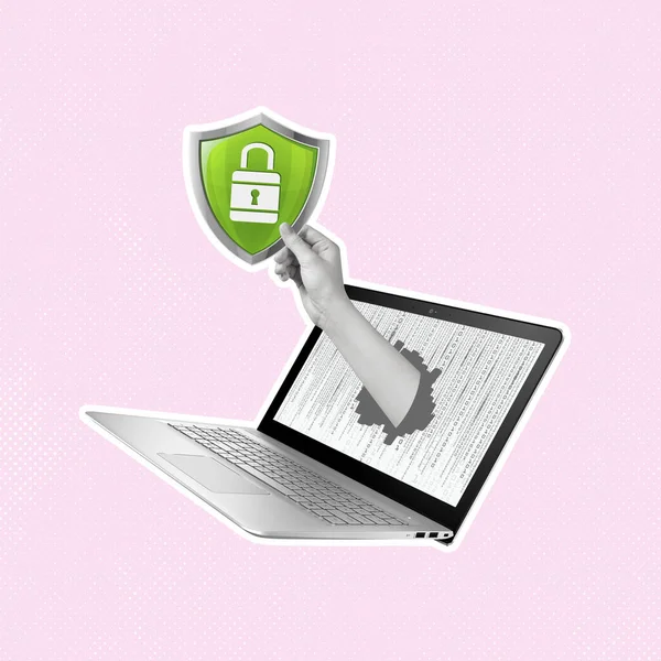 Kreativní Koláž Notebooku Ochranného Znaku Ruce Ochrana Počítače Před Viry — Stock fotografie