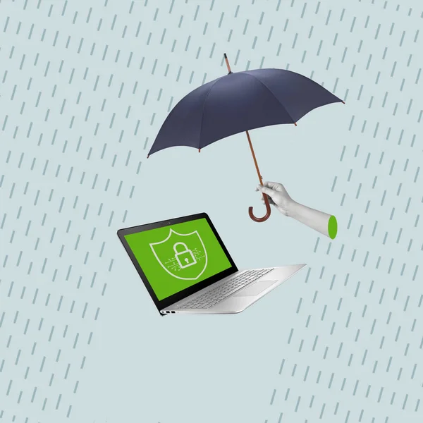 Creative Art collage of hand holding umbrella over laptop. Concept of computer protection from viruses and hacker attacks.