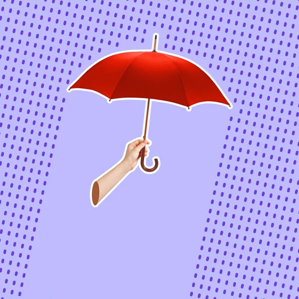 Koláž Současného Umění Ruky Držící Deštník Koncept Ochrany Řešení Problémů — Stock fotografie