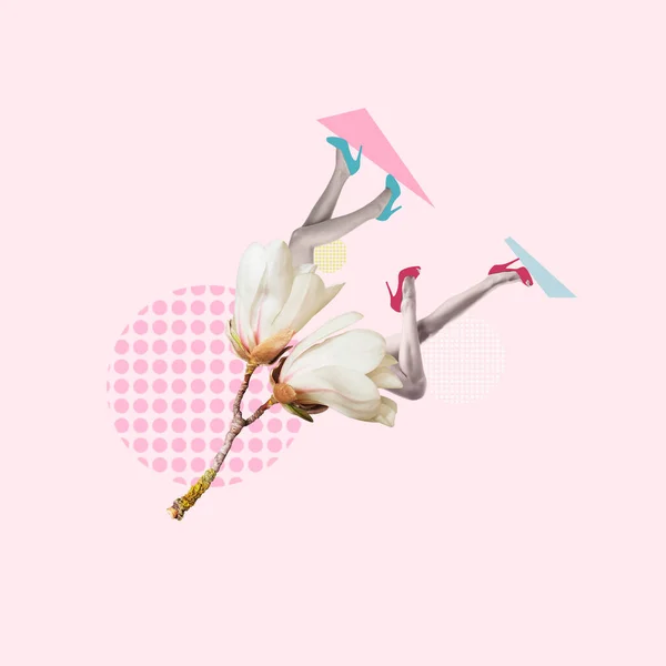 Contemporary Art Collage Beautiful Female Legs Flowers Magnolia Copy Space — Stock Photo, Image