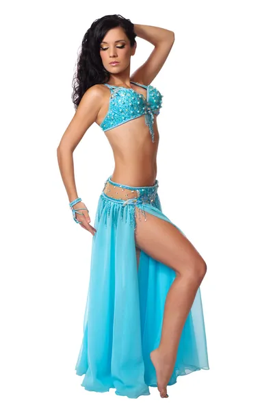 Belly dancer wearing a light blue costume. — Stock Photo, Image