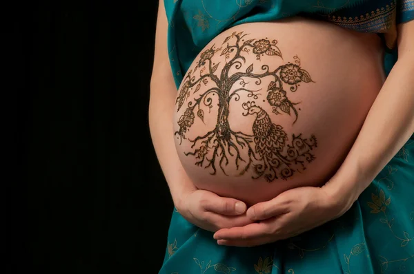 女性の妊娠中の腹に「tree of life」デザインををヘナします。. — ストック写真