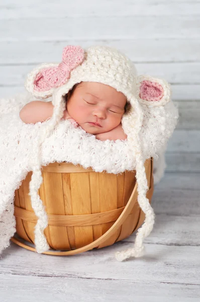 Neugeborenes Mädchen trägt eine gehäkelte Lammmütze und sitzt in einem Korb — Stockfoto