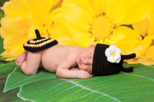 Pasgeboren meisje dragen een kostuum van de zwarte en gele gehaakte hommel slapen op een gele bloem achtergrond. — Stockfoto