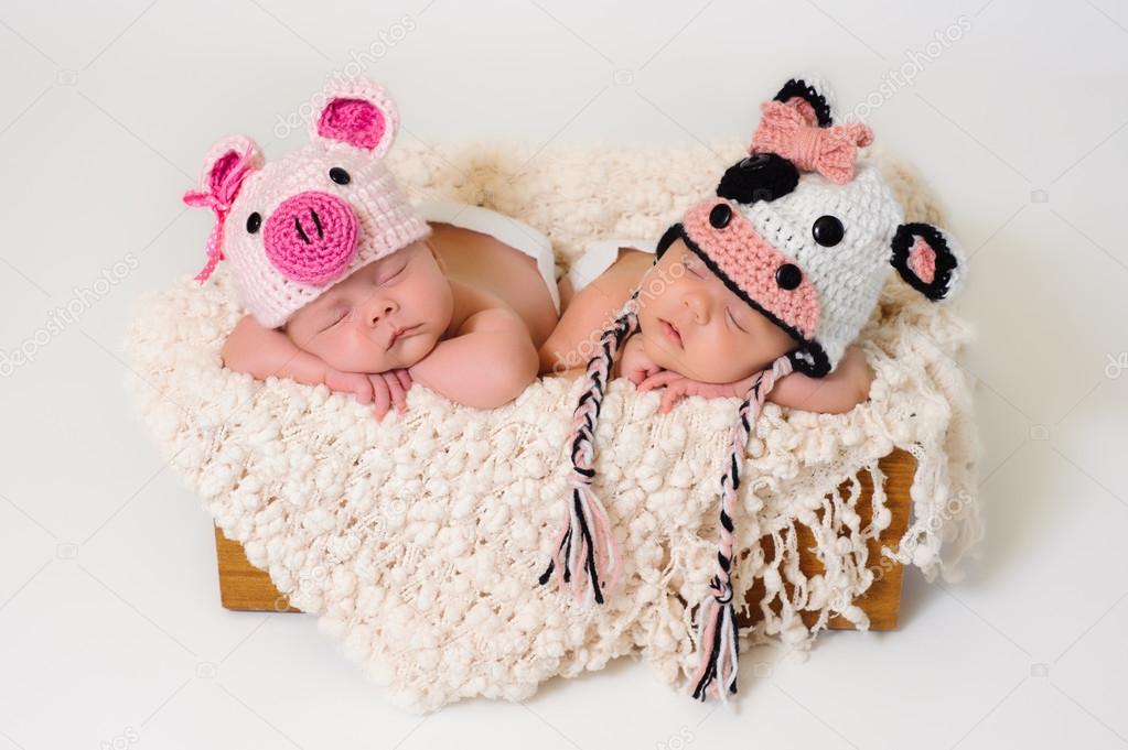 Sleeping fraternal twin newborn baby girls wearing crocheted pig and cow hats.