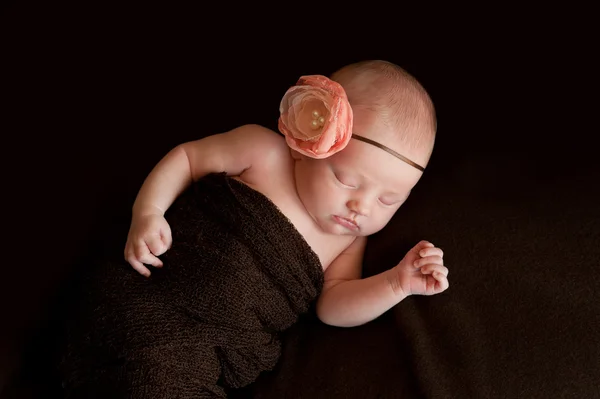 Nyfødt baby pige med blomst pandebånd - Stock-foto