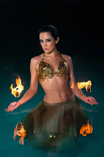 Exotic Belly Dancer with Fiery Palm Toches — Stock Photo, Image