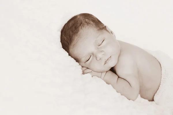 Sepia tonificado bebê recém-nascido menino retrato — Fotografia de Stock