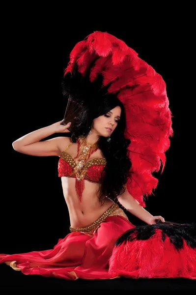 Belly Dancer in Red Costume with Feather Fans — Stock Photo, Image